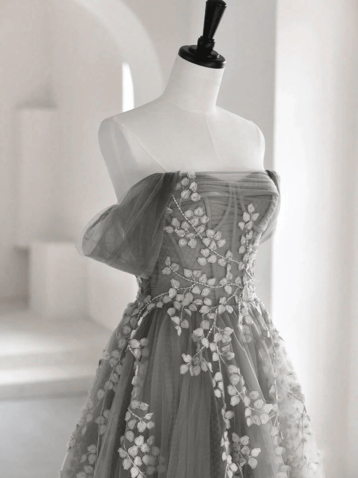 Beaira Grey Off Shoulder Tulle with Lace Applique Long Party Dress Grey Prom Dress prom dresses shops