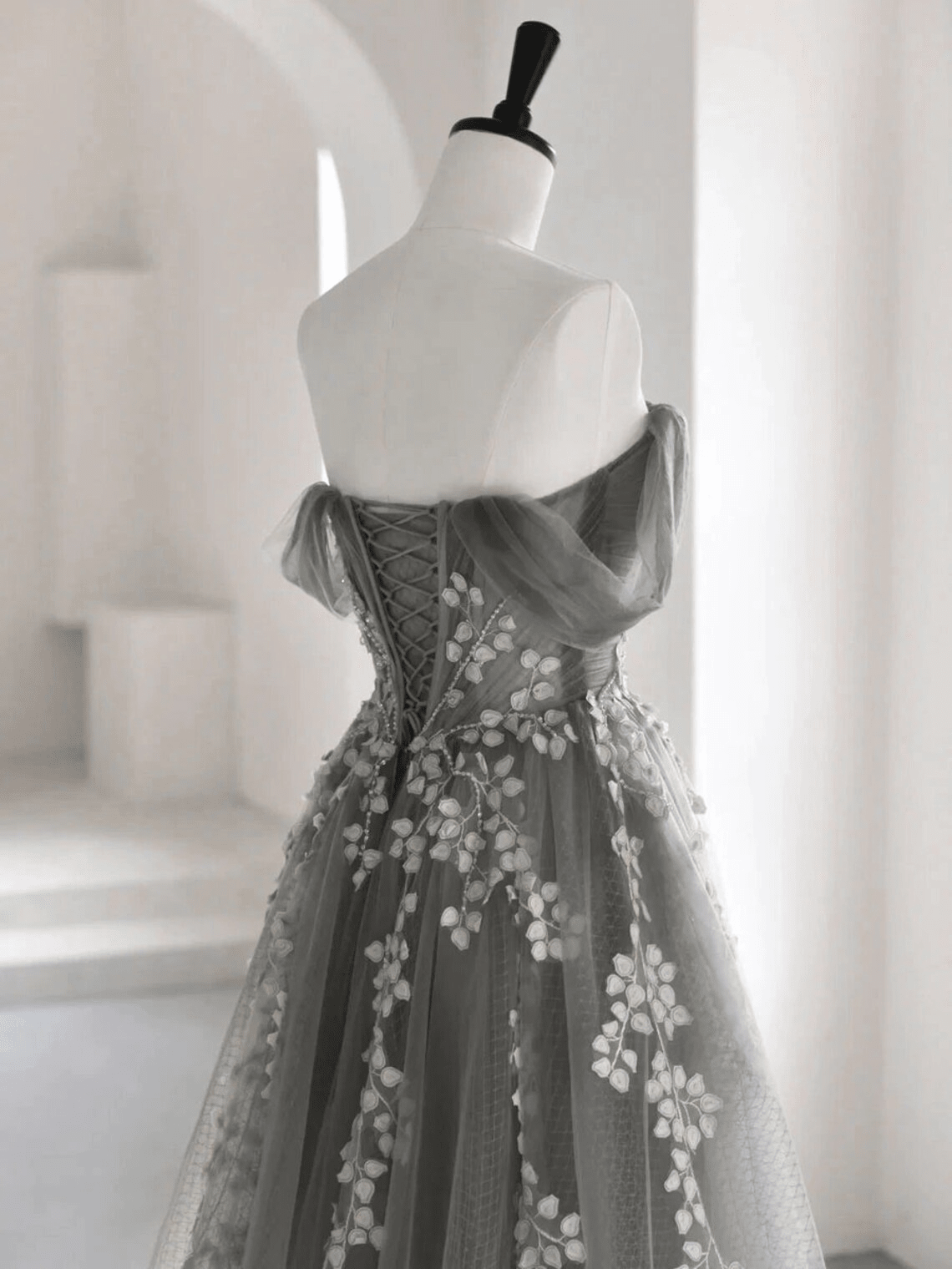 Beaira Grey Off Shoulder Tulle with Lace Applique Long Party Dress Grey Prom Dress prom dresses shops