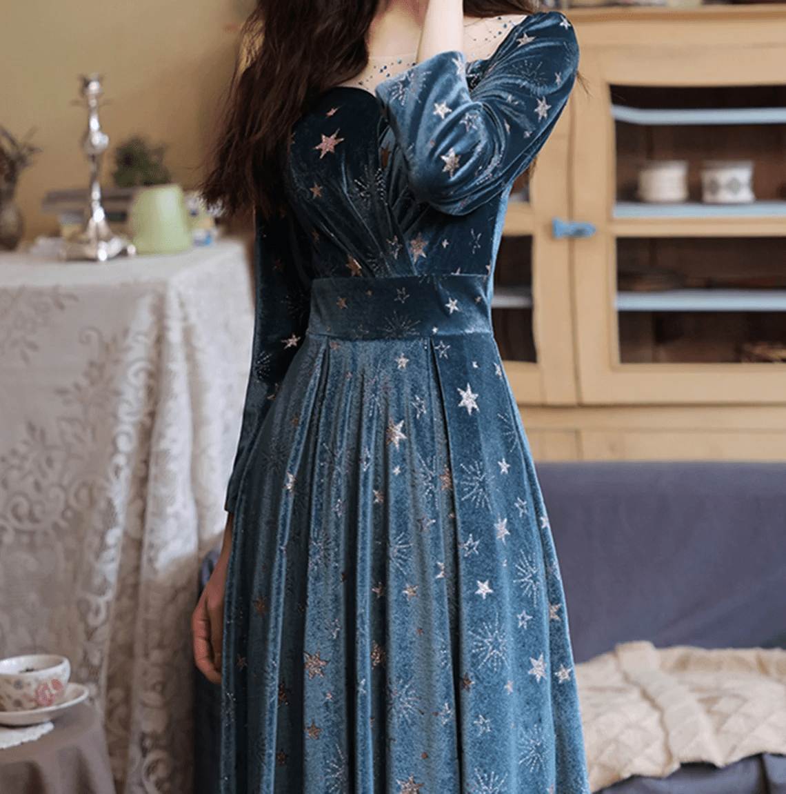 Beaira Blue Velvet Long Sleeves Floor Length Wedding Party Dress Blue Bridesmaid Dresses prom dresses shops