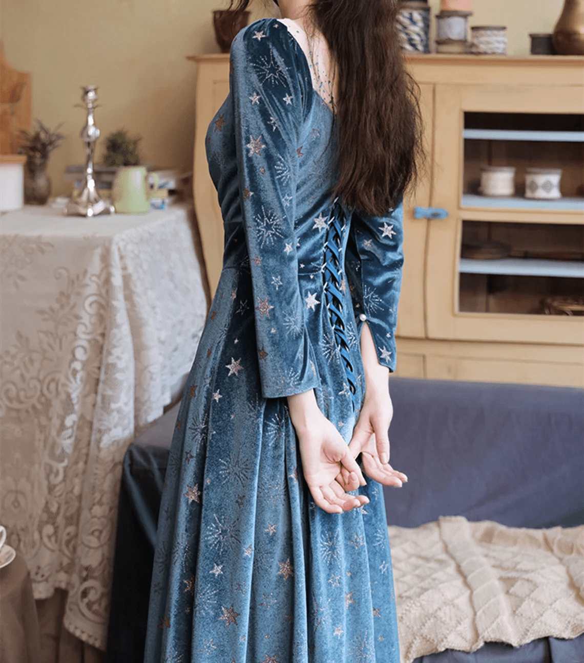 Beaira Blue Velvet Long Sleeves Floor Length Wedding Party Dress Blue Bridesmaid Dresses prom dresses shops