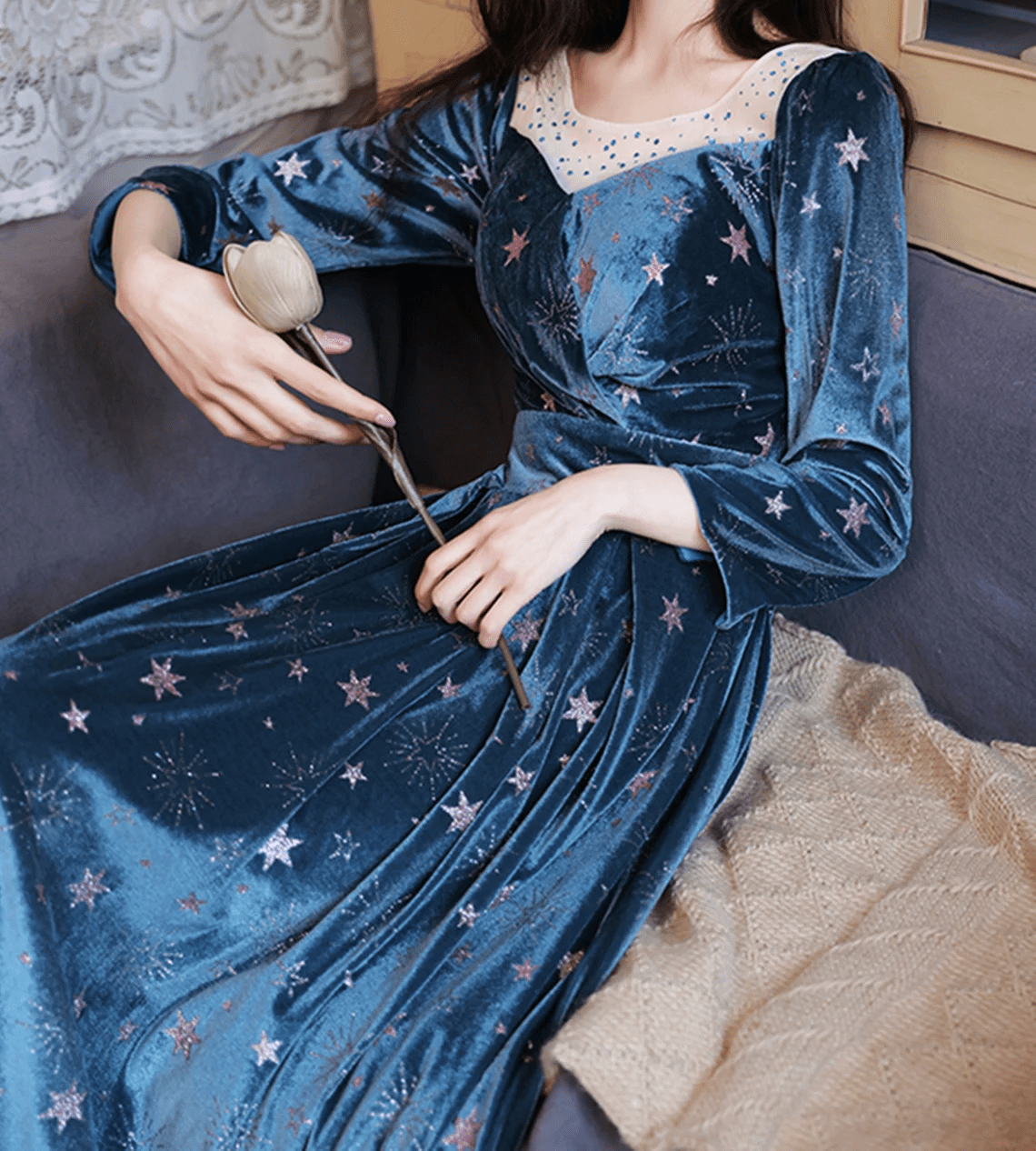 Beaira Blue Velvet Long Sleeves Floor Length Wedding Party Dress Blue Bridesmaid Dresses prom dresses shops