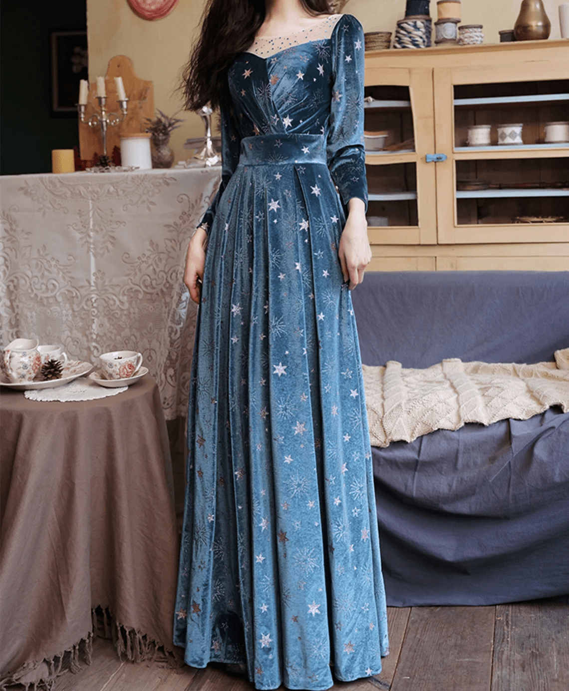 Beaira Blue Velvet Long Sleeves Floor Length Wedding Party Dress Blue Bridesmaid Dresses prom dresses shops