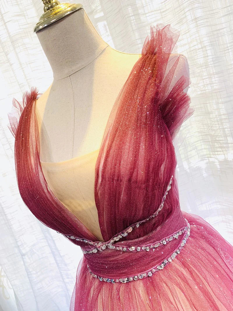 Beaira Red Gradient Tulle Beaded Long Party Dress Formal Dress V-neckline Party Dresses prom dresses shops