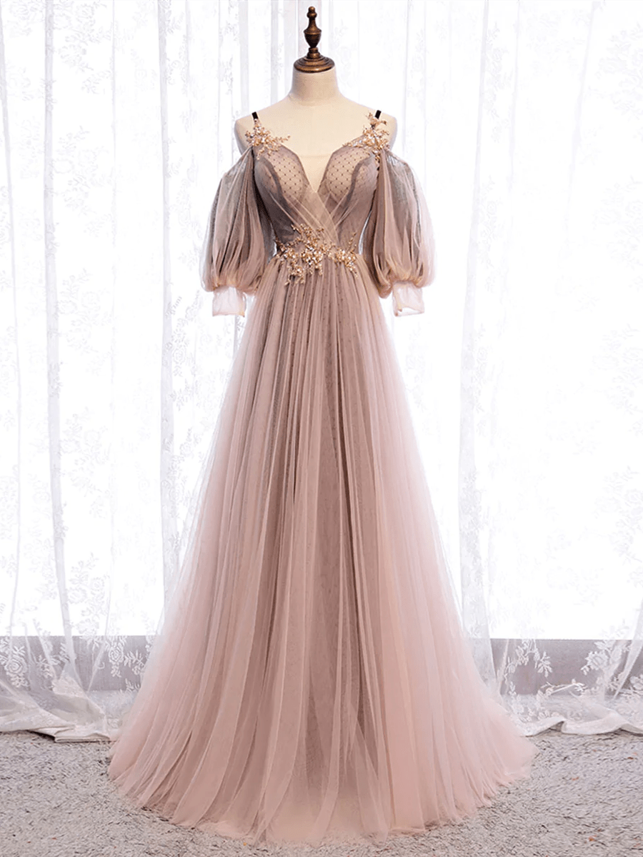 Beaira Long Sleeves Pink Tulle Long Party Dress with Lace Pink Floor Length Prom Dress prom dresses shops