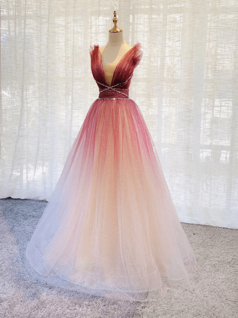 Beaira Red Gradient Tulle Beaded Long Party Dress Formal Dress V-neckline Party Dresses prom dresses shops
