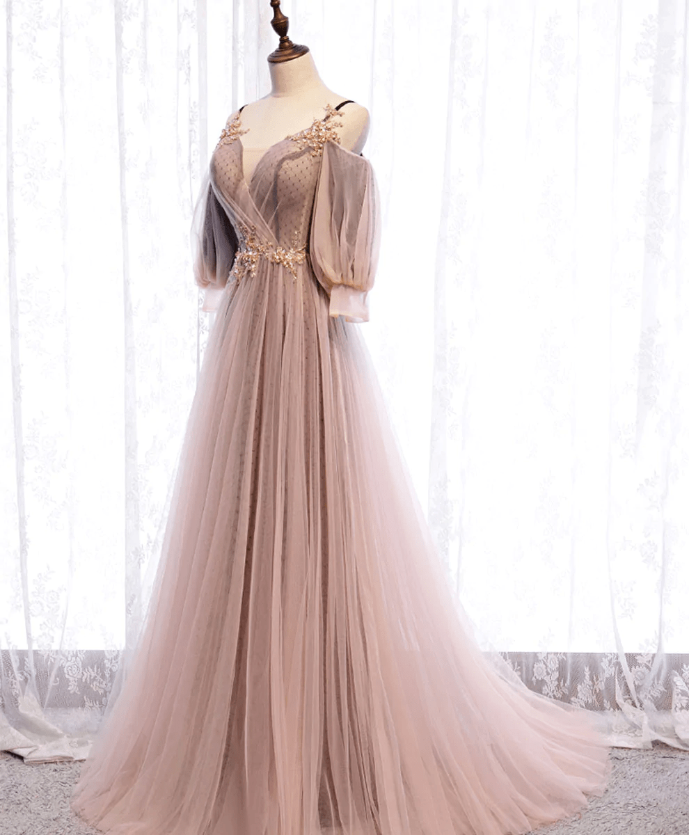 Beaira Long Sleeves Pink Tulle Long Party Dress with Lace Pink Floor Length Prom Dress prom dresses shops