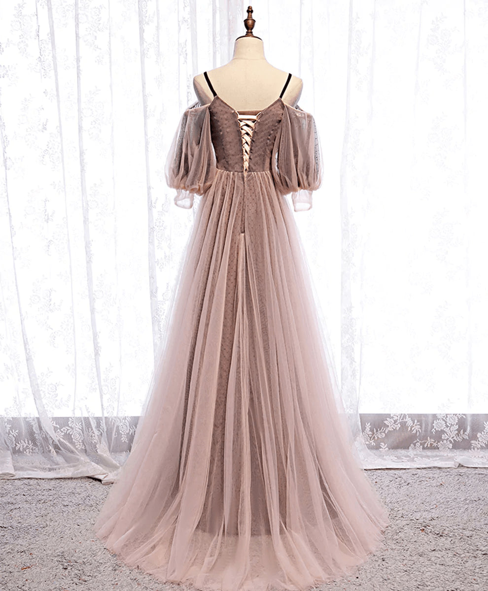 Beaira Long Sleeves Pink Tulle Long Party Dress with Lace Pink Floor Length Prom Dress prom dresses shops