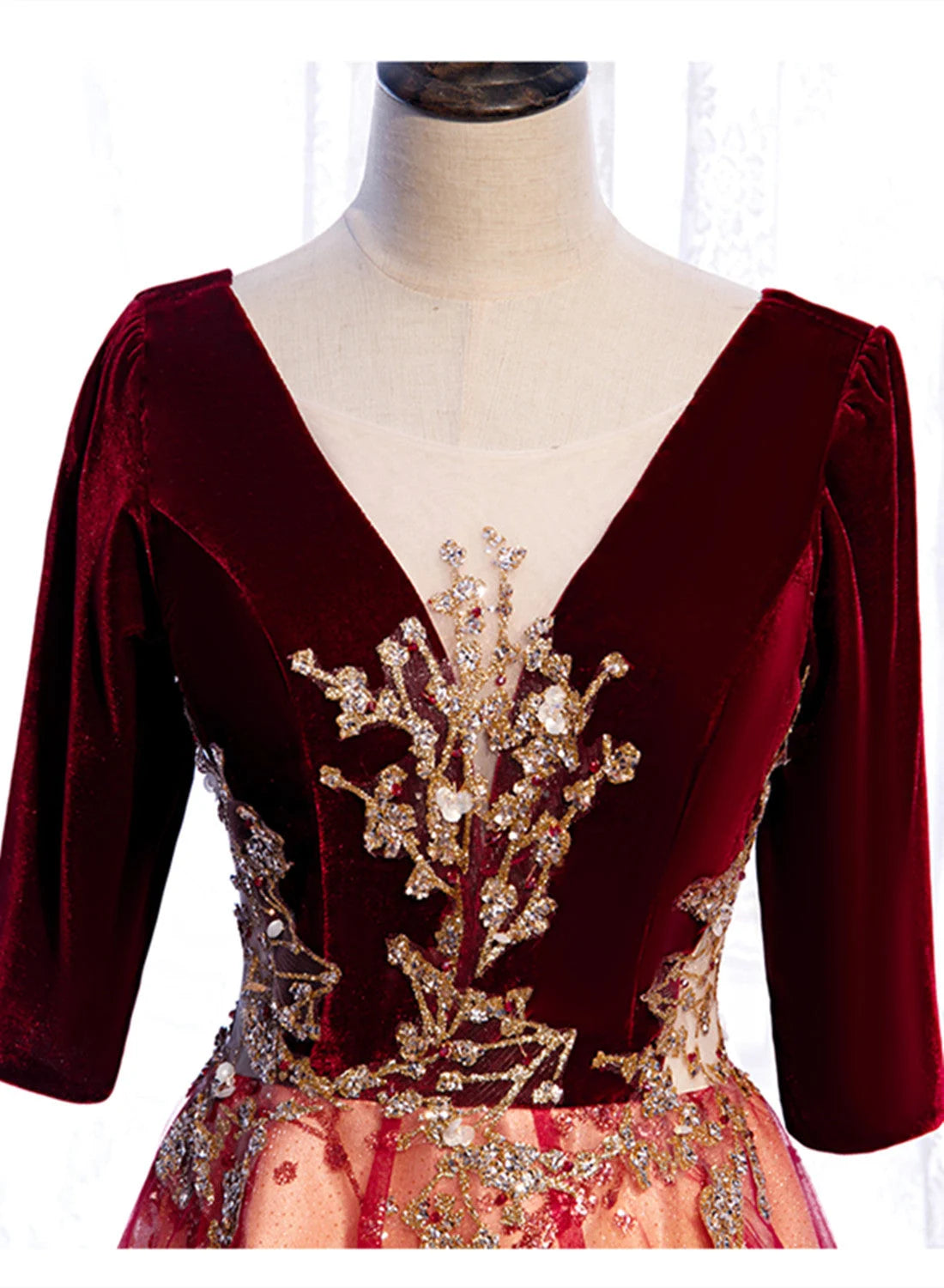 Beaira Wine Red Velvet 1/2 Sleeves Long Party Dress with Lace A-line Junior Prom Dress prom dresses shops