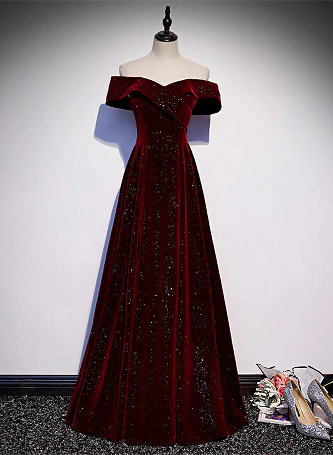 Beaira Off Shoulder Wine Red Velvet Long Party Dress A-line Wine Red Evening Dress prom dresses shops