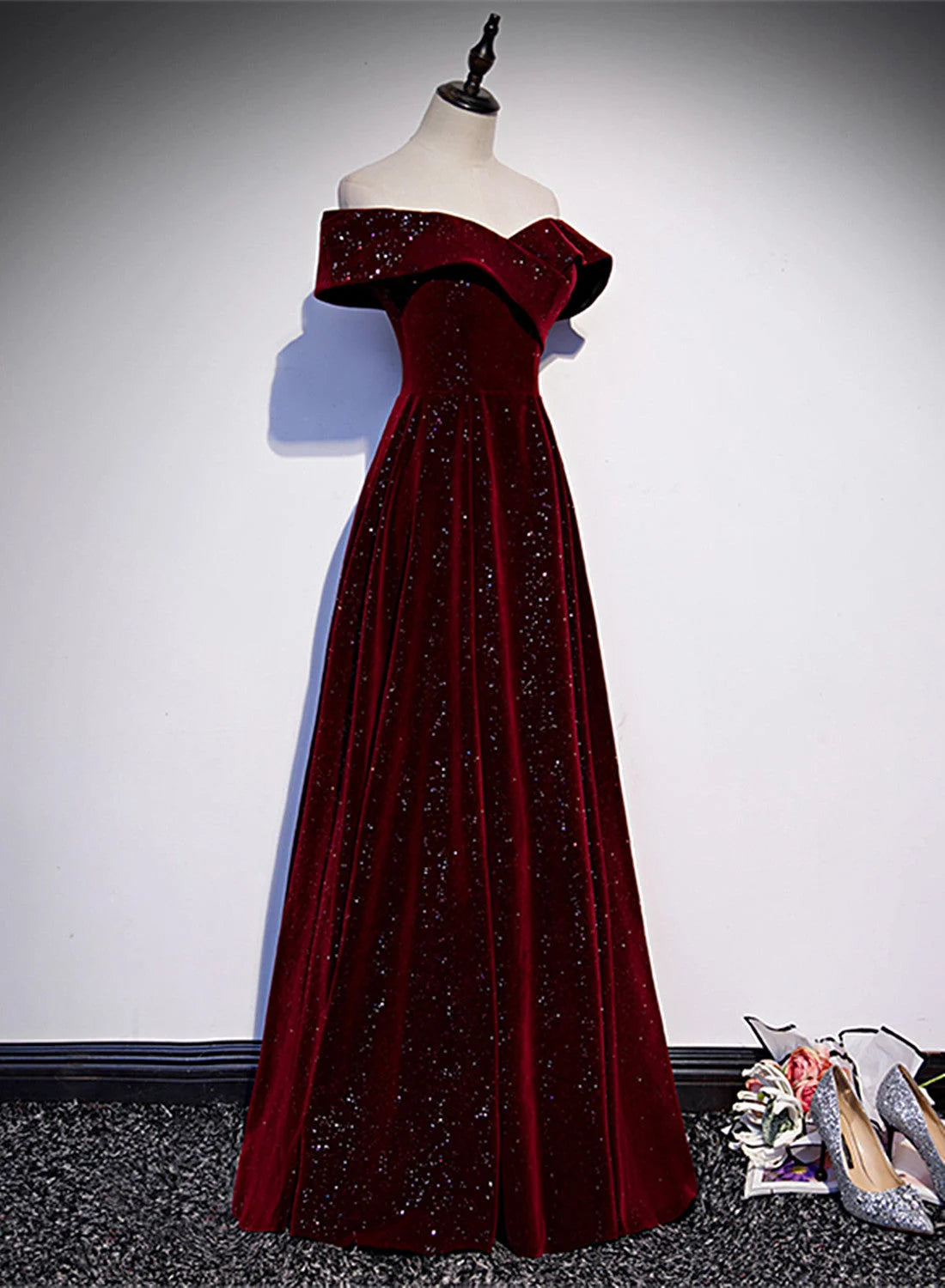 Beaira Off Shoulder Wine Red Velvet Long Party Dress A-line Wine Red Evening Dress prom dresses shops
