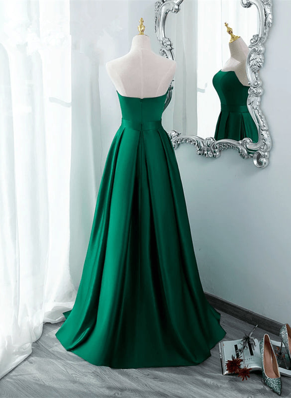 Beaira Green Satin Simple Long Party Dress with Leg Slit Green A-ine Junior Prom Dress prom dresses shops