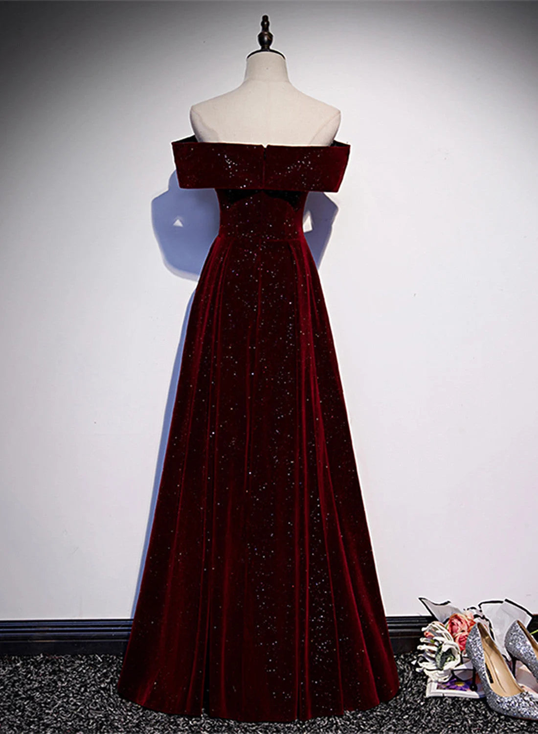 Beaira Off Shoulder Wine Red Velvet Long Party Dress A-line Wine Red Evening Dress prom dresses shops