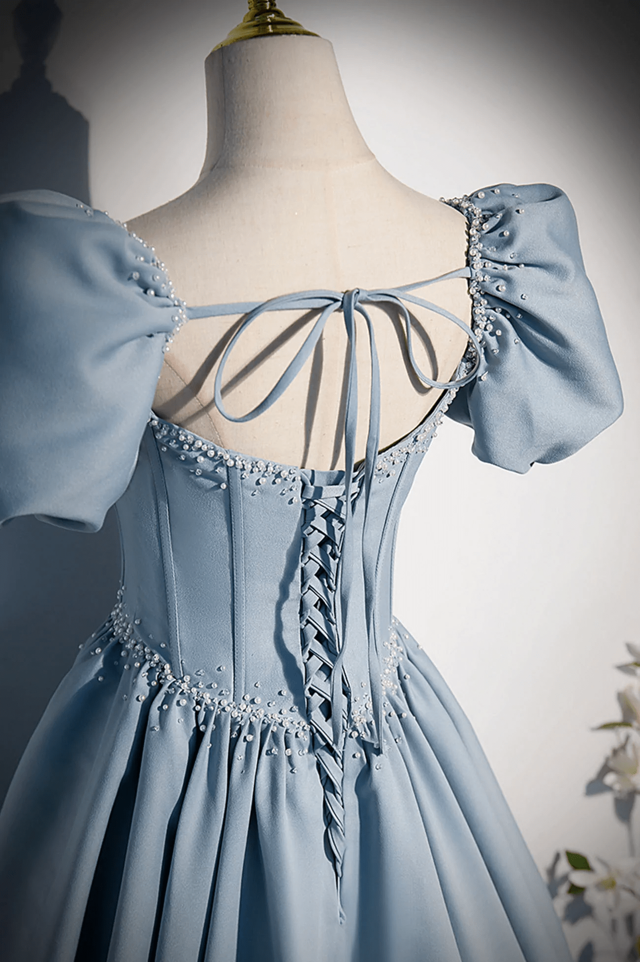 Beaira Blue Satin Long Prom Dress with Pearls Blue Short Sleeves A-line Evening Dress prom dresses shops