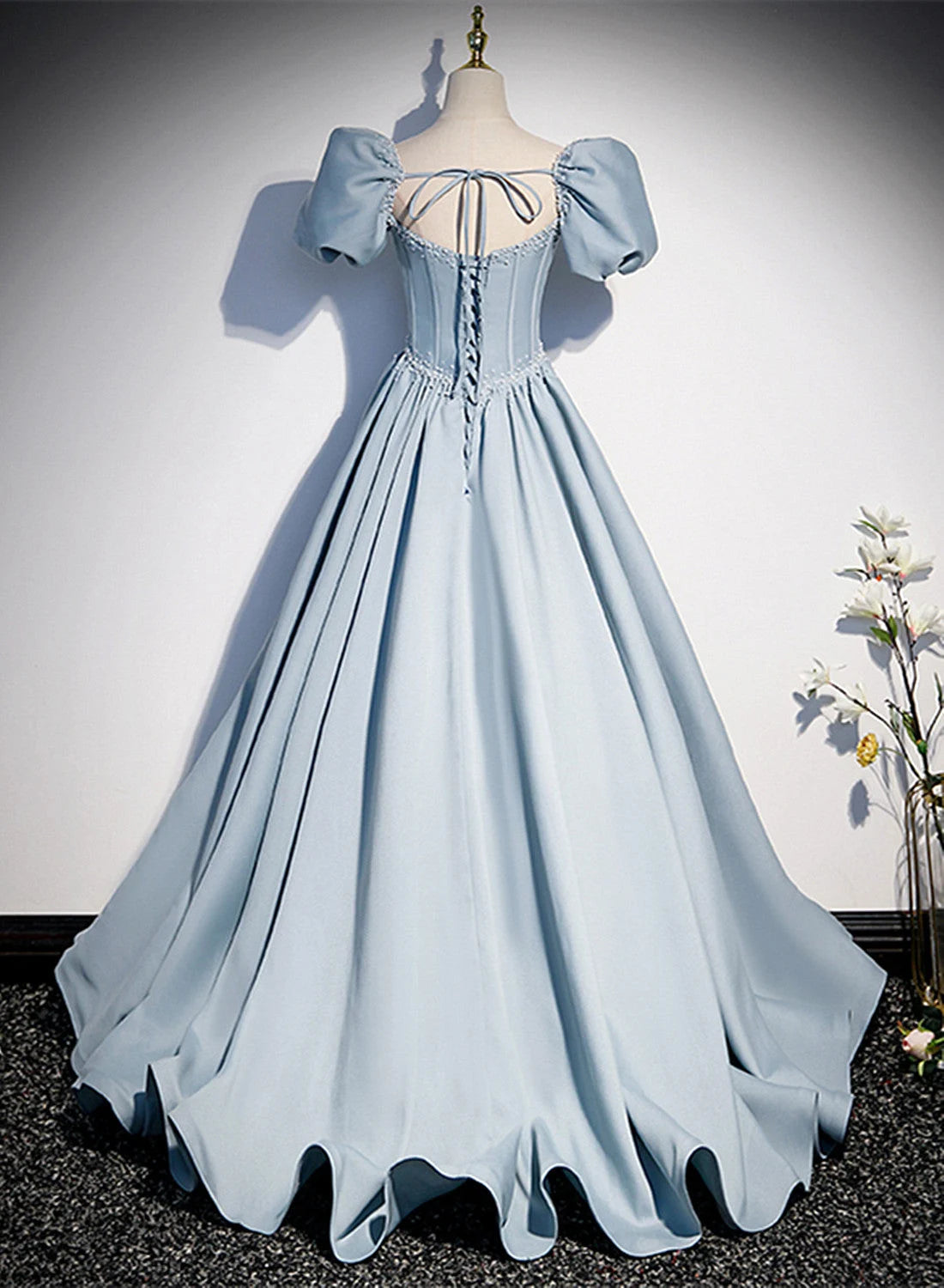 Beaira Blue Satin Long Prom Dress with Pearls Blue Short Sleeves A-line Evening Dress prom dresses shops
