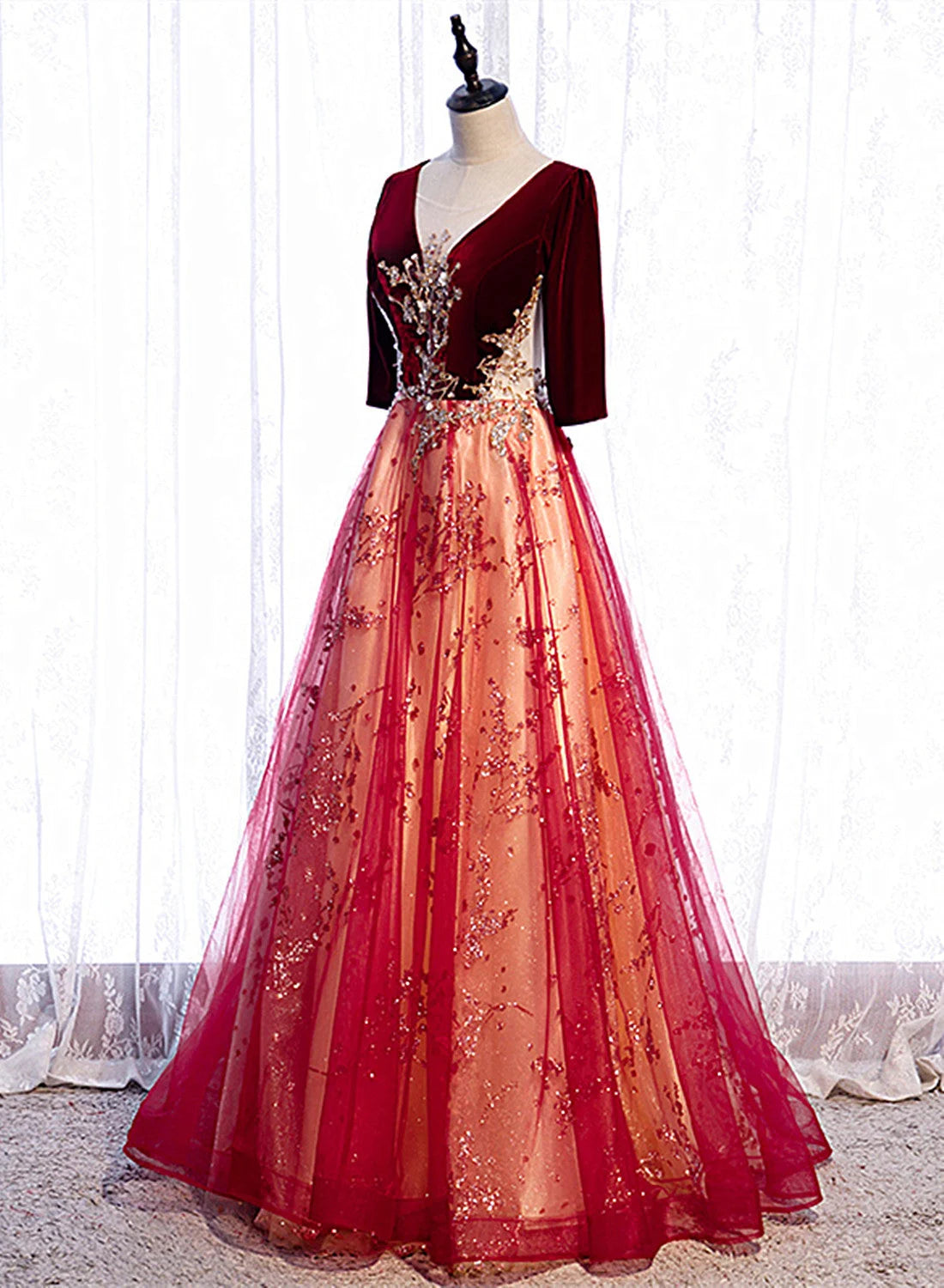 Beaira Wine Red Velvet 1/2 Sleeves Long Party Dress with Lace A-line Junior Prom Dress prom dresses shops