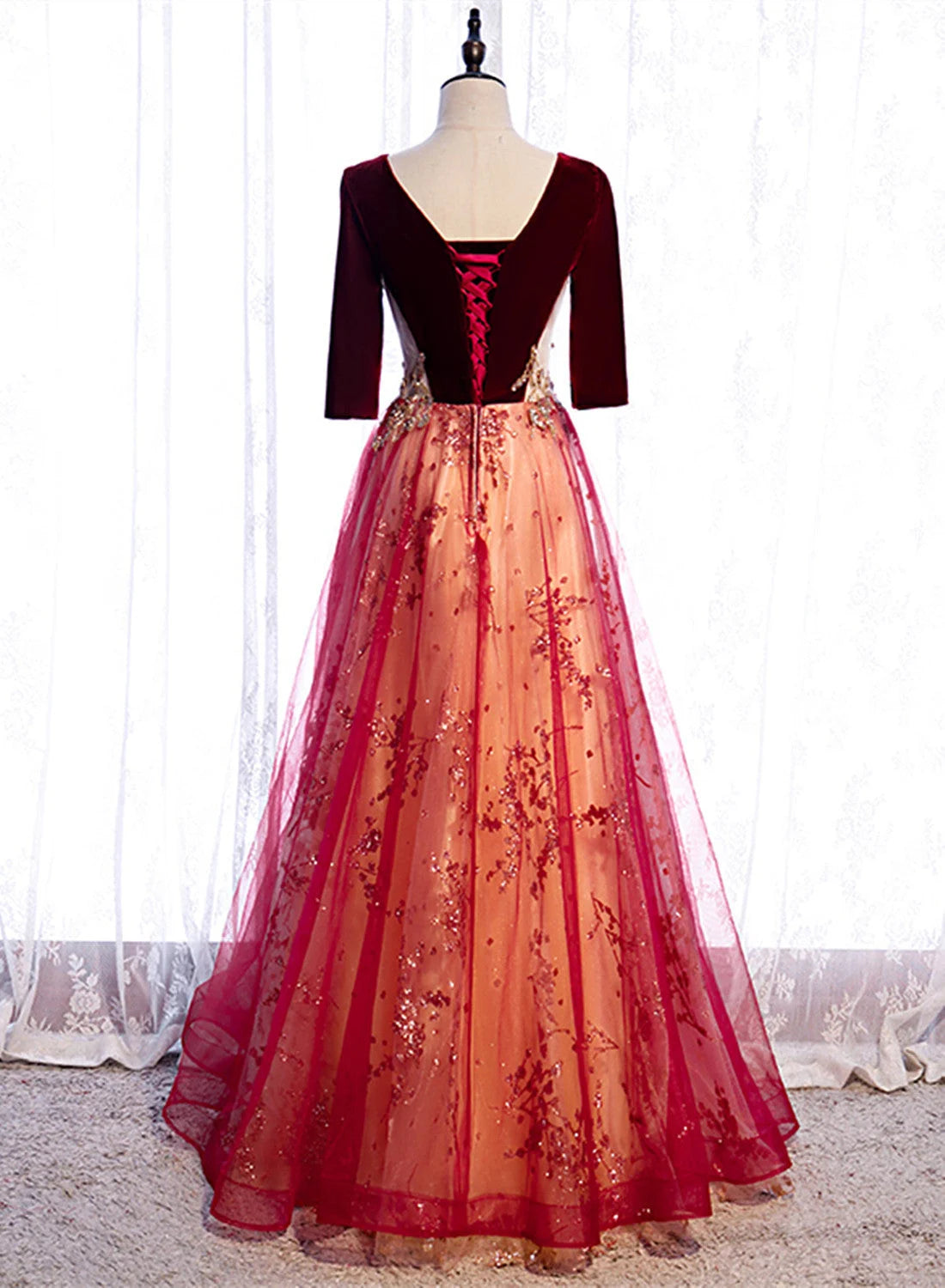 Beaira Wine Red Velvet 1/2 Sleeves Long Party Dress with Lace A-line Junior Prom Dress prom dresses shops