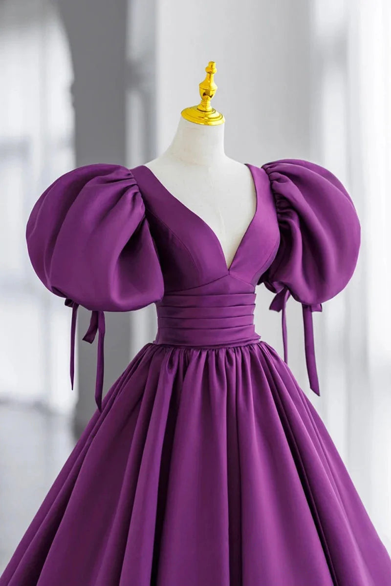 Beaira Purple V-Neck Satin Long Prom Dress A-Line Puff Sleeves Party Dress prom dresses shops