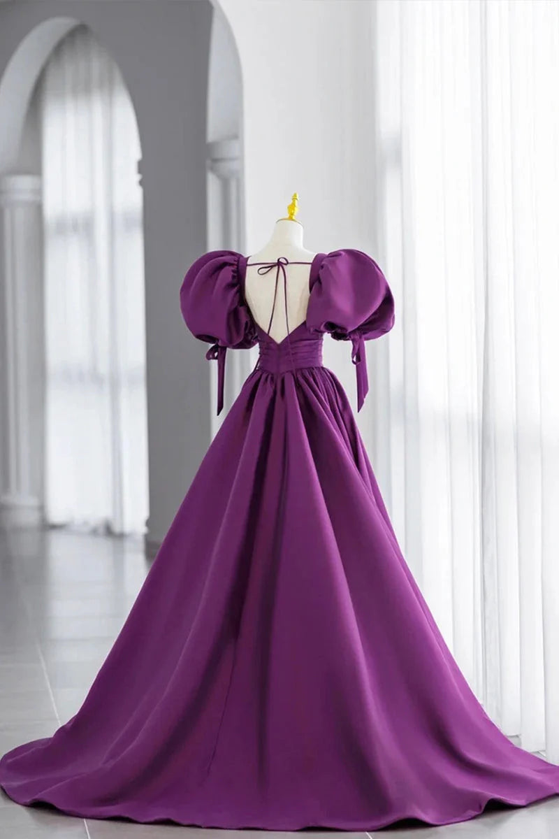 Beaira Purple V-Neck Satin Long Prom Dress A-Line Puff Sleeves Party Dress prom dresses shops