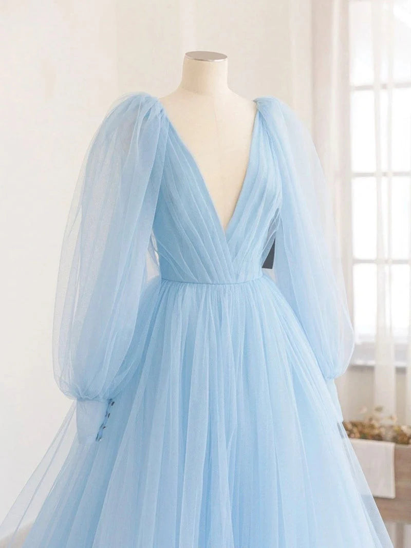 Beaira Blue Puffy Sleeves Tulle Long V-neckline Wedding Party Dress Blue Prom Dress prom dresses shops