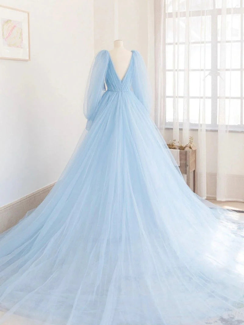 Beaira Blue Puffy Sleeves Tulle Long V-neckline Wedding Party Dress Blue Prom Dress prom dresses shops