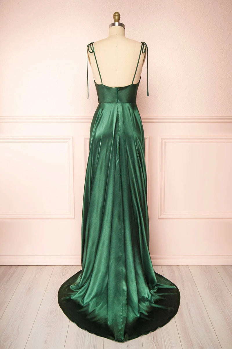 Beaira Green Satin Long A-Line Prom Dress Spaghetti Straps Evening Dress prom dresses shops