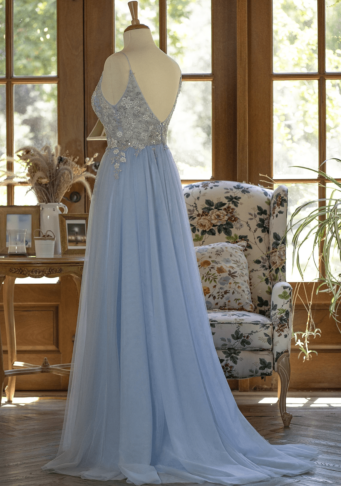 Beaira Blue Spaghetti-Straps Lace Appliques Tulle Prom Dress A-Line Party Dress prom dresses shops