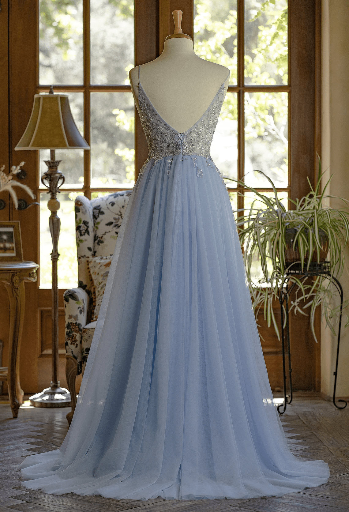 Beaira Blue Spaghetti-Straps Lace Appliques Tulle Prom Dress A-Line Party Dress prom dresses shops