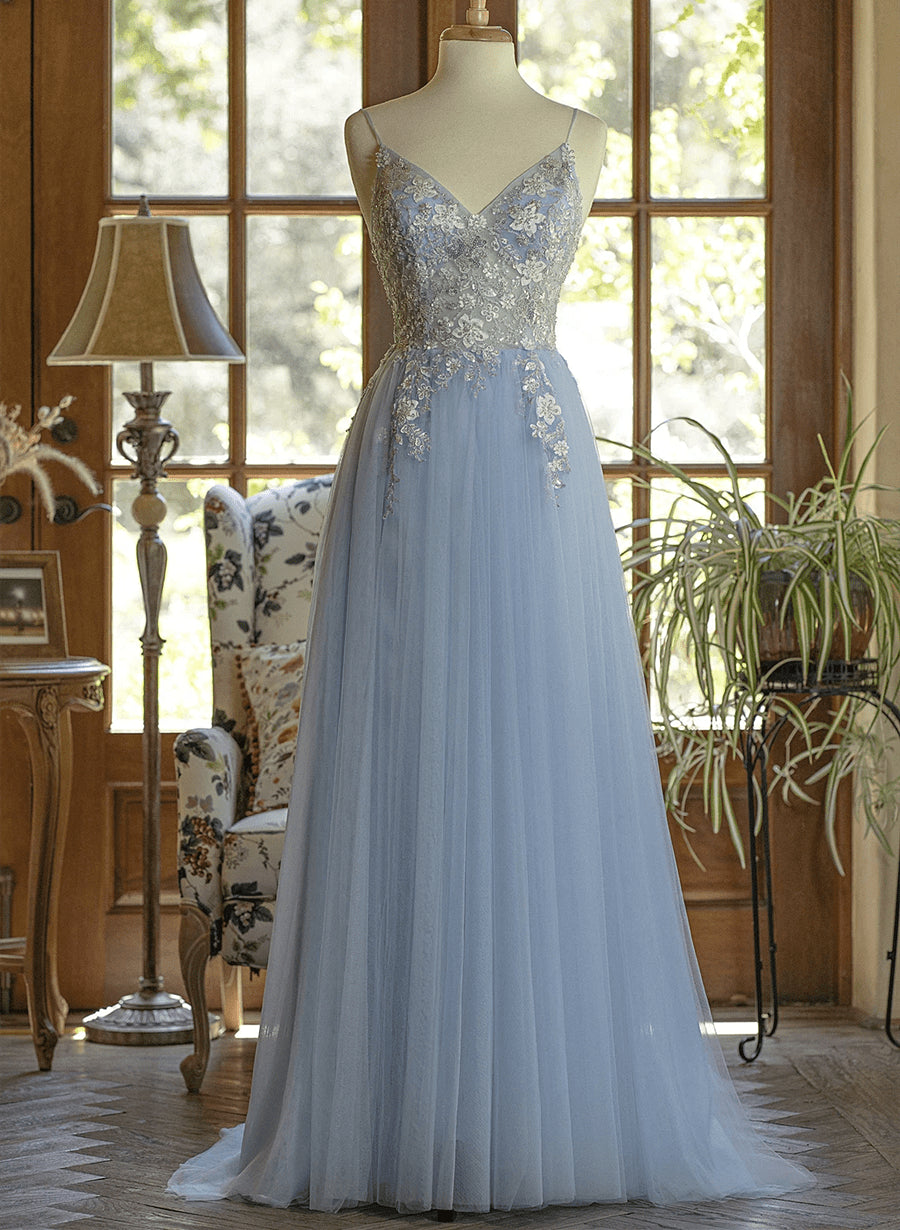 Beaira Blue Spaghetti-Straps Lace Appliques Tulle Prom Dress A-Line Party Dress prom dresses shops