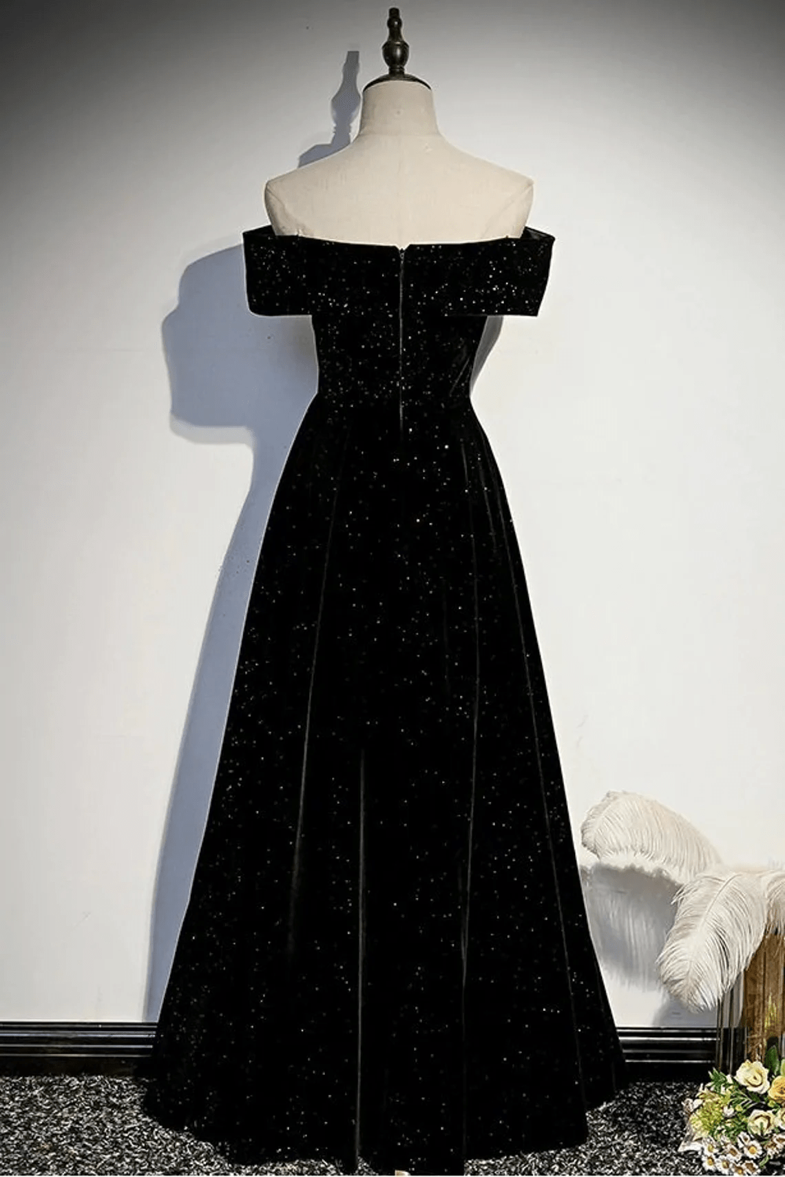 Beaira Velvet Off Shoulder Black Long Party Dress Black Simple Prom Dress prom dresses shops