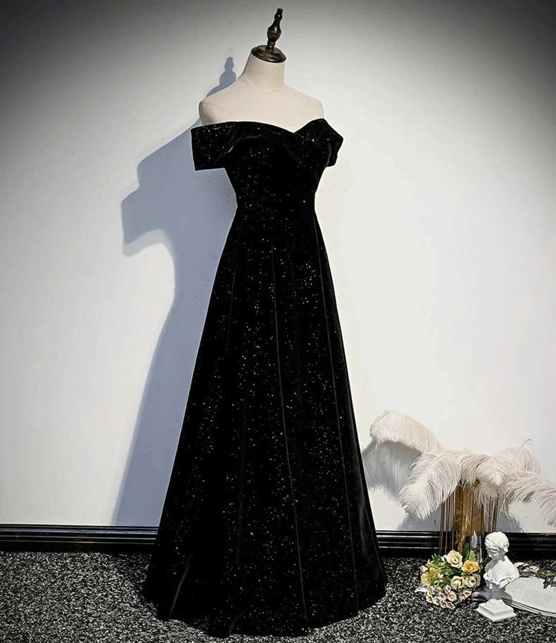 Beaira Velvet Off Shoulder Black Long Party Dress Black Simple Prom Dress prom dresses shops