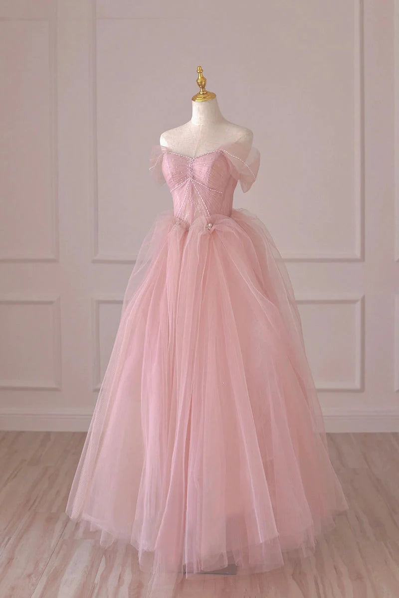 Beaira Cute Pink Tulle Lace Long Prom Dress A-Line Off Shoulder Pink Party Dress prom dresses shops