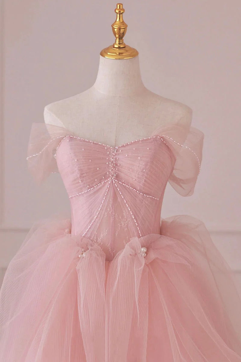 Beaira Cute Pink Tulle Lace Long Prom Dress A-Line Off Shoulder Pink Party Dress prom dresses shops