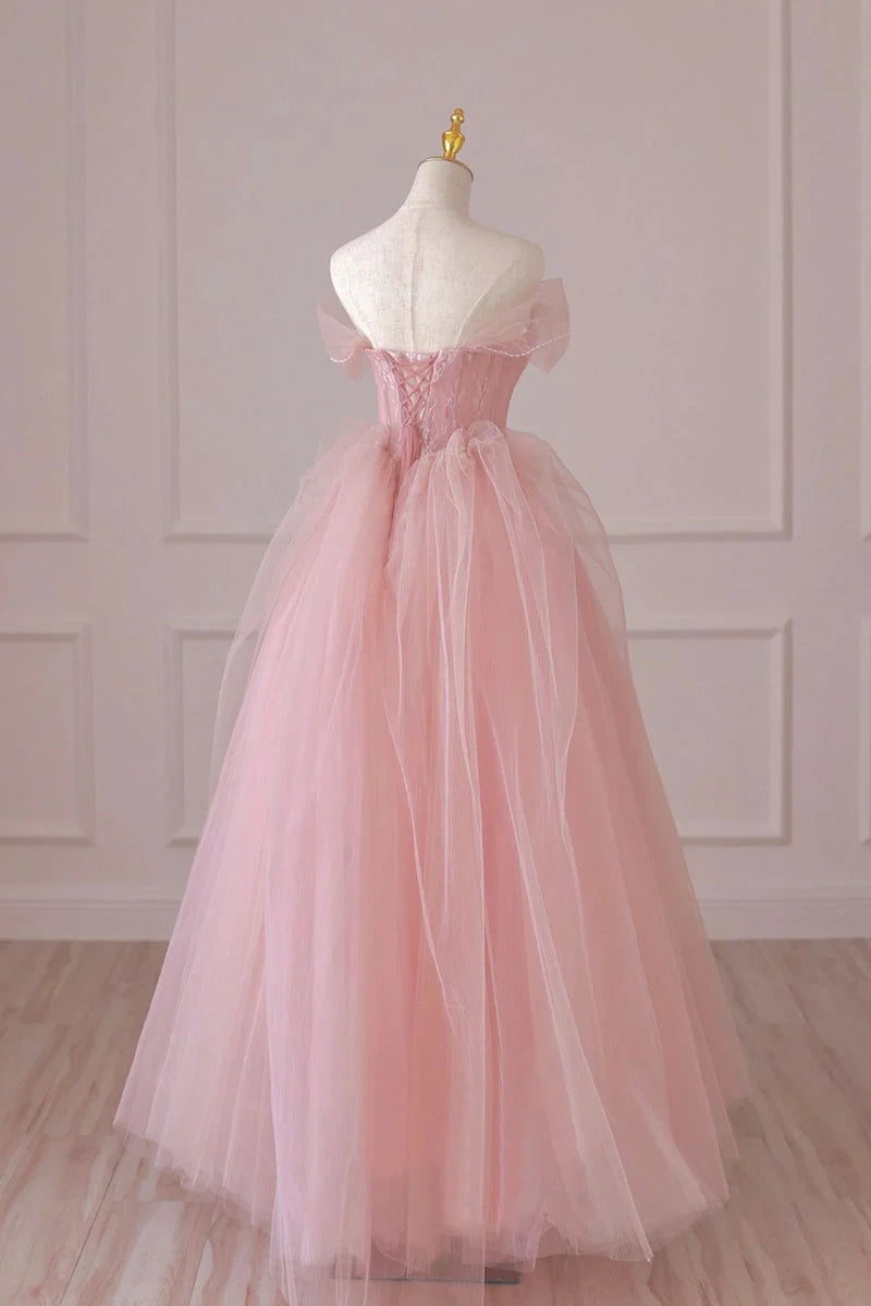 Beaira Cute Pink Tulle Lace Long Prom Dress A-Line Off Shoulder Pink Party Dress prom dresses shops