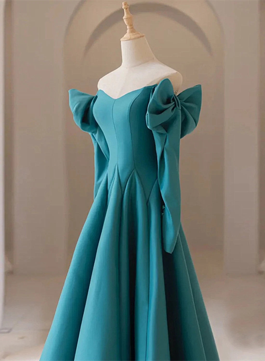 Beaira Teal Blue Long Sleeves with Bow A-line Sweetheart Prom Dress Teal Blue Evening Dress prom dresses shops
