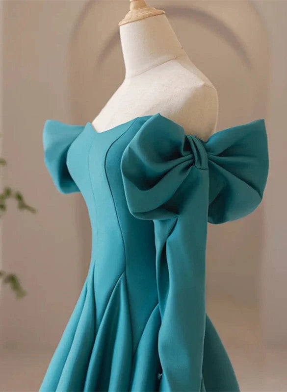 Beaira Teal Blue Long Sleeves with Bow A-line Sweetheart Prom Dress Teal Blue Evening Dress prom dresses shops