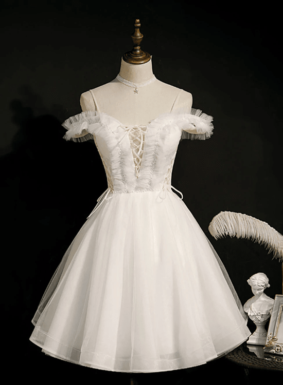 Beaira Cute White Tulle Short Party Dress with Lace Off Shoulder Homecoming Dresses prom dresses shops