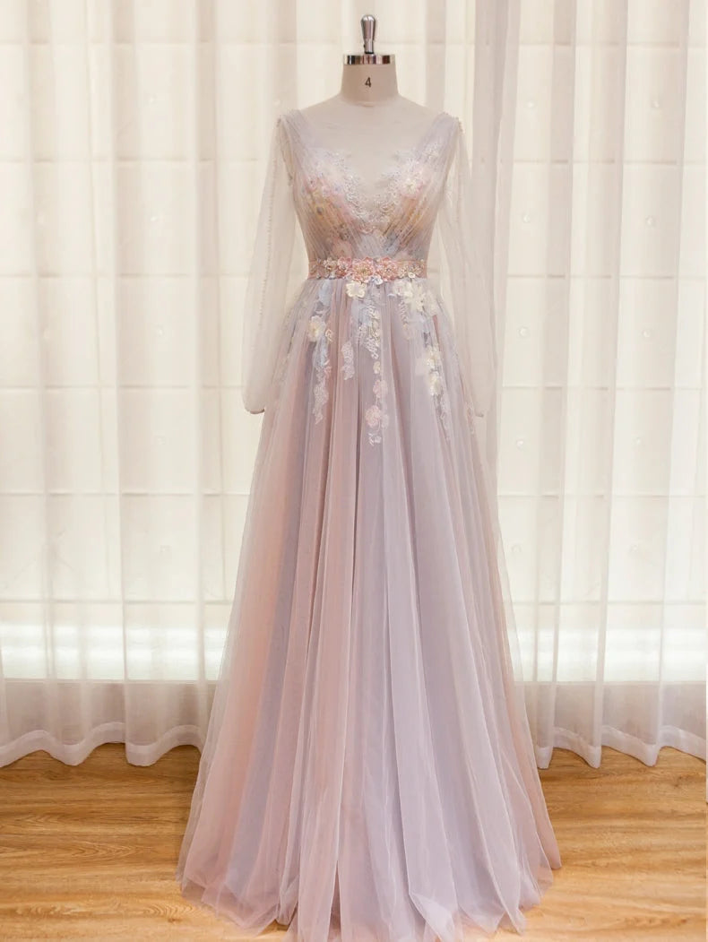 Beaira Elegant Flower Lace Pink Party Dress Sexy V Neck Evening Dress Backless Tulle Prom Dress prom dresses shops