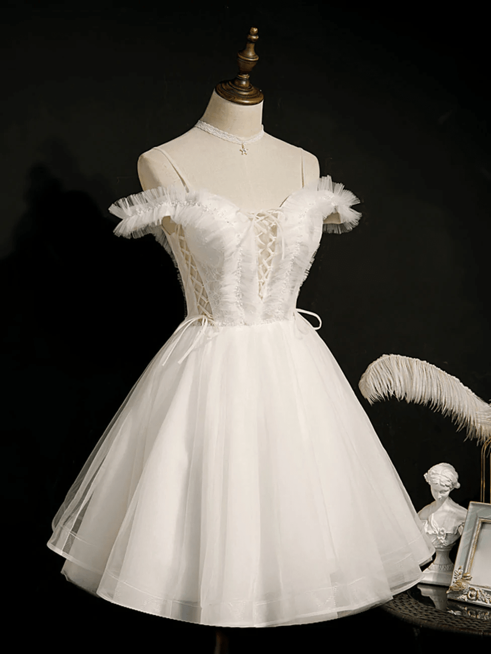Beaira Cute White Tulle Short Party Dress with Lace Off Shoulder Homecoming Dresses prom dresses shops