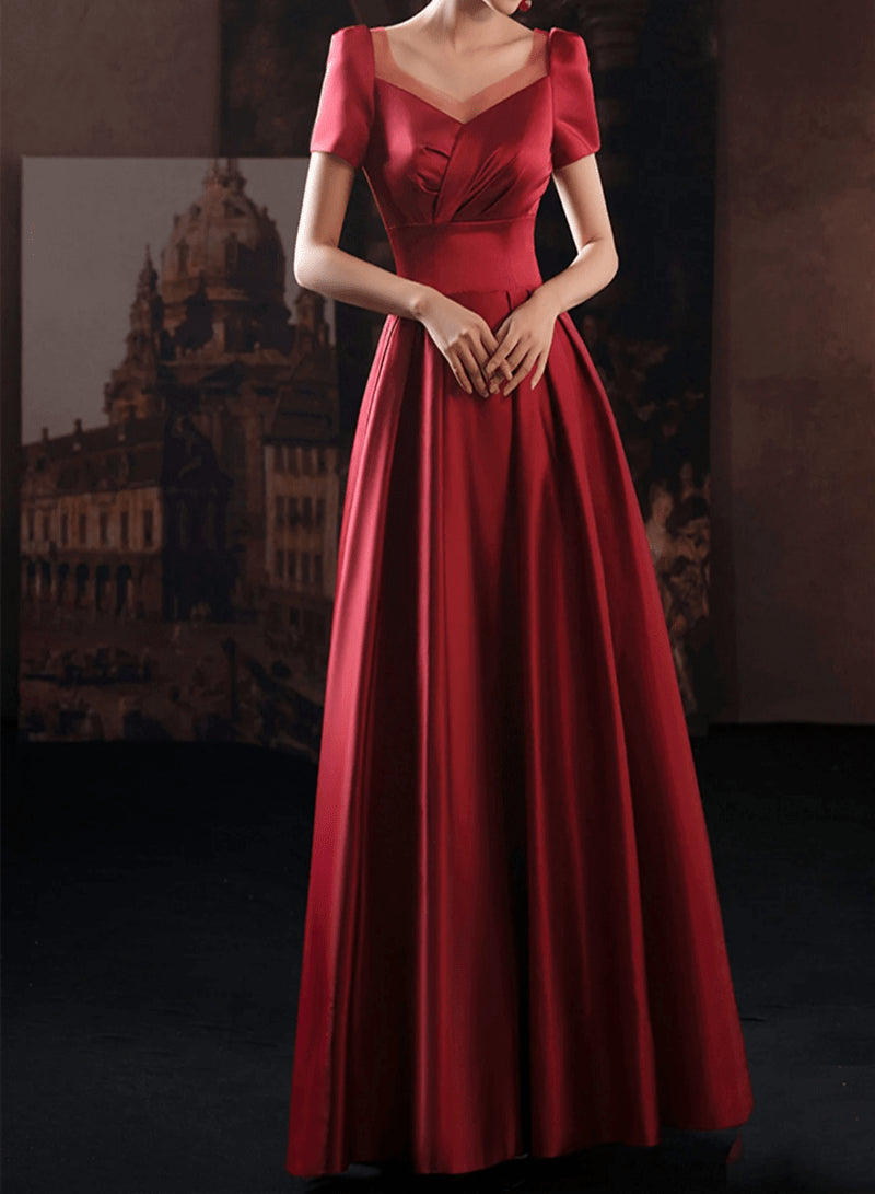 Beaira Wine Red Satin Low Back Lace-up Short Sleeves Party Dress Wine Red Formal Dresses prom dresses shops