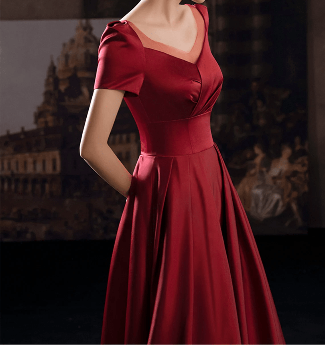 Beaira Wine Red Satin Low Back Lace-up Short Sleeves Party Dress Wine Red Formal Dresses prom dresses shops