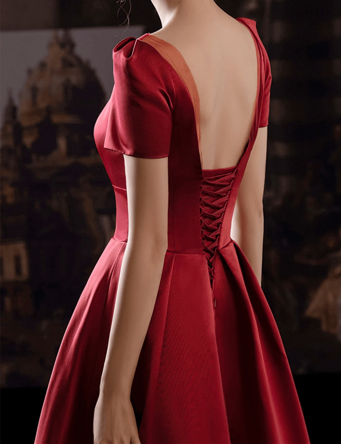 Beaira Wine Red Satin Low Back Lace-up Short Sleeves Party Dress Wine Red Formal Dresses prom dresses shops