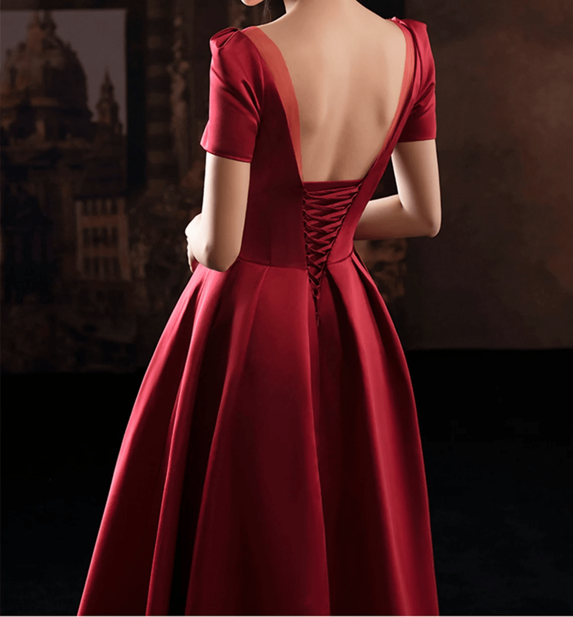 Beaira Wine Red Satin Low Back Lace-up Short Sleeves Party Dress Wine Red Formal Dresses prom dresses shops