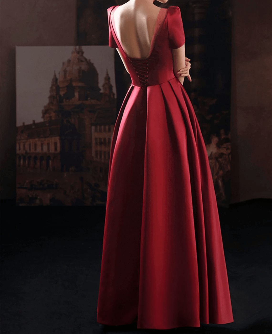 Beaira Wine Red Satin Low Back Lace-up Short Sleeves Party Dress Wine Red Formal Dresses prom dresses shops