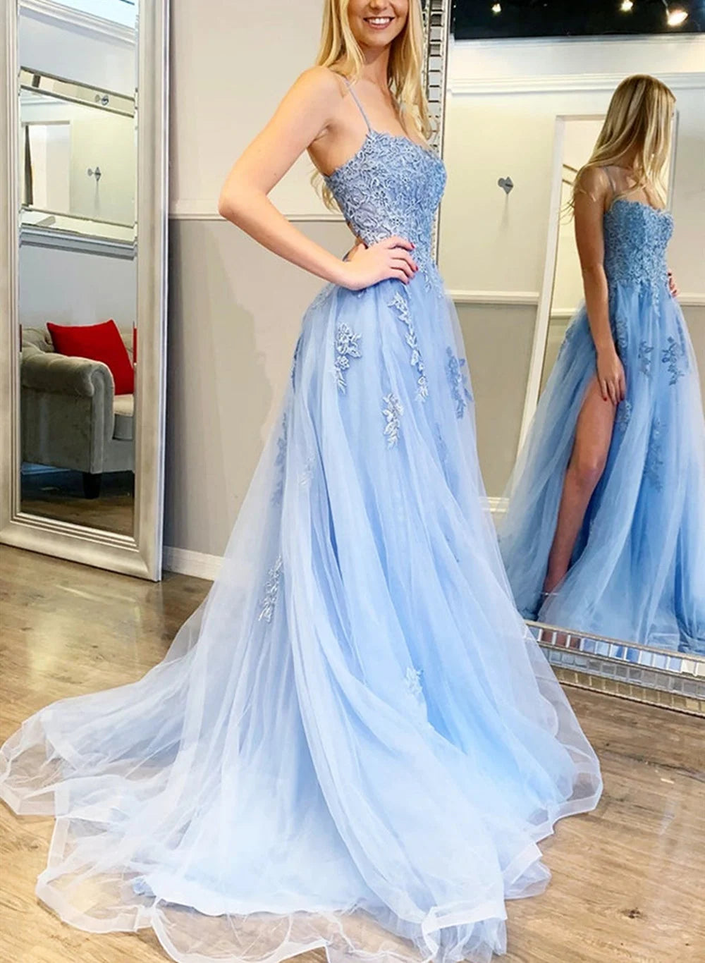 Beaira Blue Tulle Long Party Dress with Lace Applique Lace-up Back Prom Dress prom dresses shops