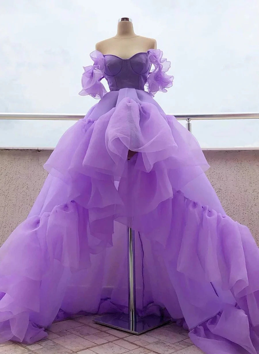 Beaira Purple Organza Off the Shoulder High Low Prom Dress High Low Purple Formal Graduation Dress prom dresses shops