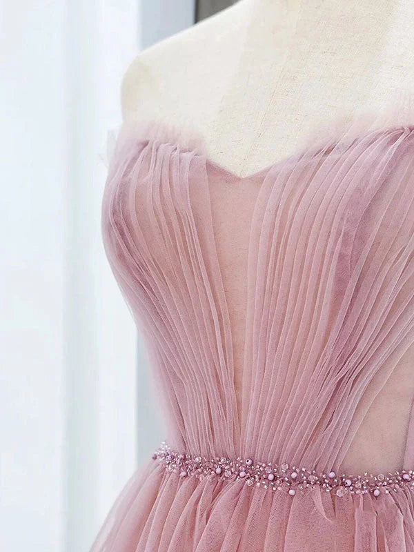Beaira Pink Tulle Beaded Long Prom Dress Pink Formal Dress Party Dress prom dresses shops
