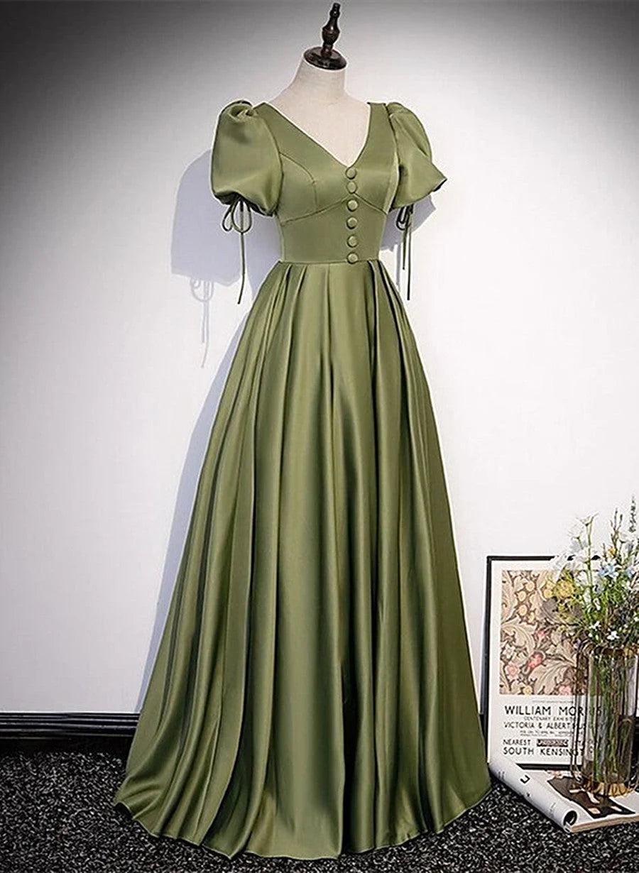 Beaira Green Satin A-line Puffy Sleeves A-line Prom Dress V-neck Simple Long Formal Party Gown prom dresses shops