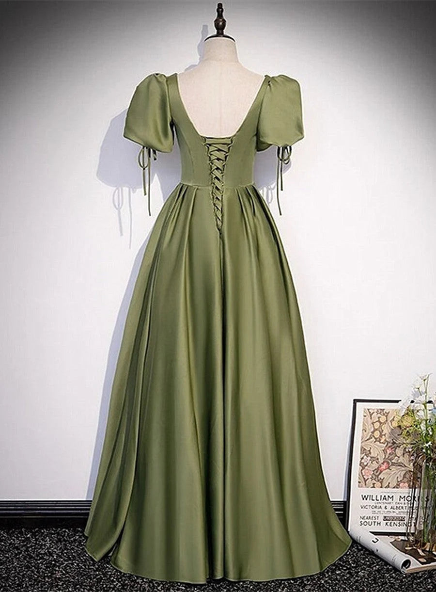 Beaira Green Satin A-line Puffy Sleeves A-line Prom Dress V-neck Simple Long Formal Party Gown prom dresses shops