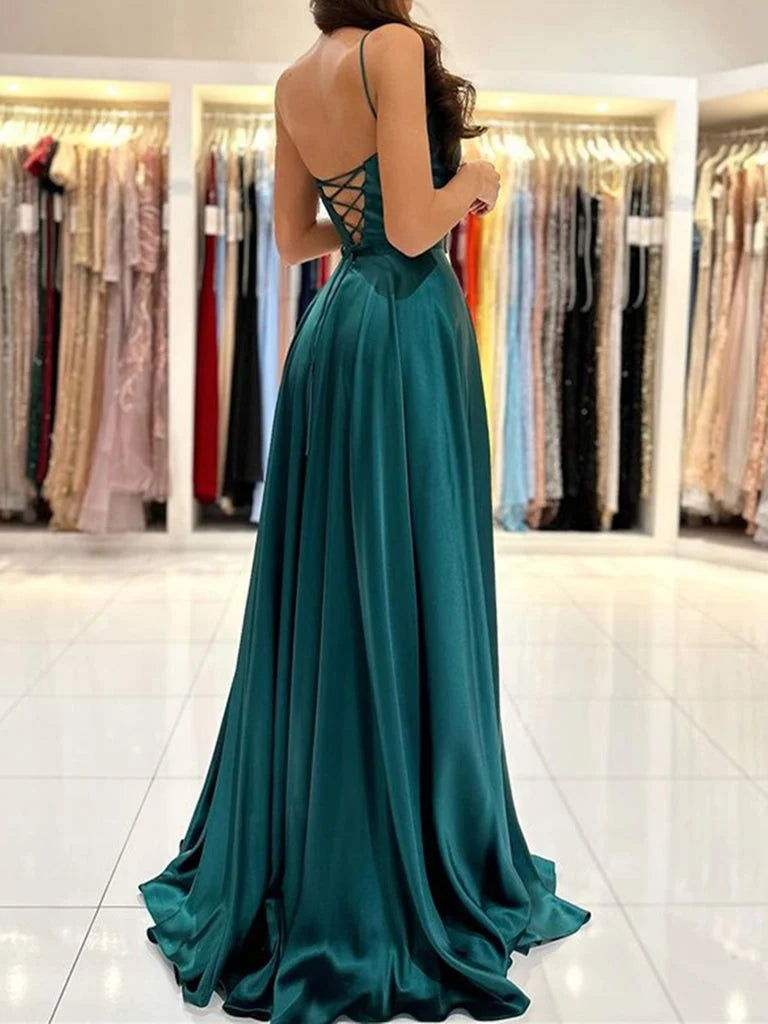 Beaira Green Satin A-line Lace-up Prom Dress Party Dress Green Evening Dress prom dresses shops