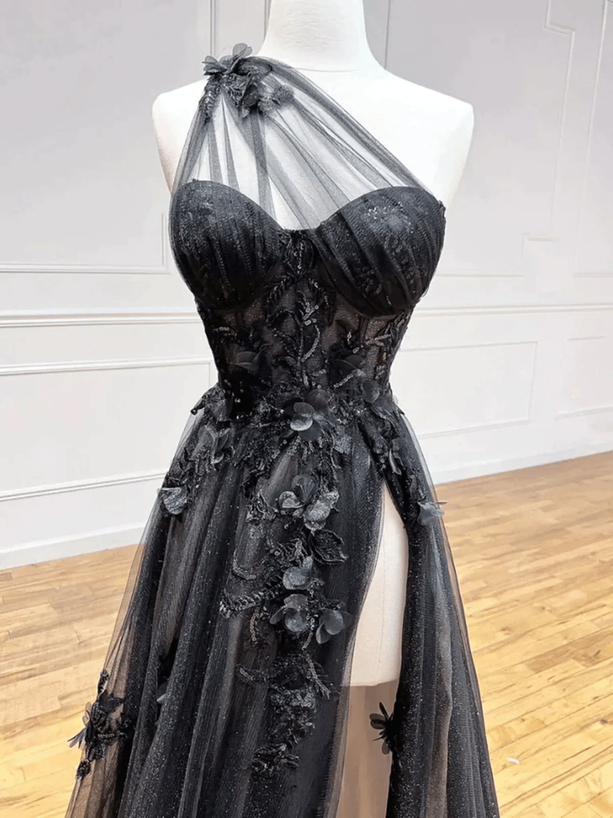 Beaira Black Lace Floral Long Prom Dresses One Shoulder Black Lace Formal Evening Dresses prom dresses shops